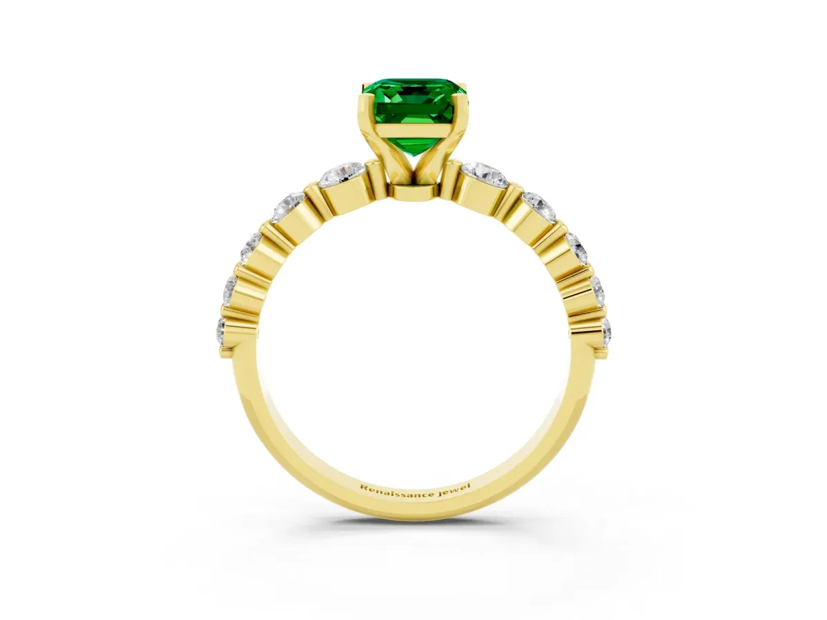 Emerald Cut Solitaire Emerald Ring with Pave Band and Four-Prong Setting Yellow gold