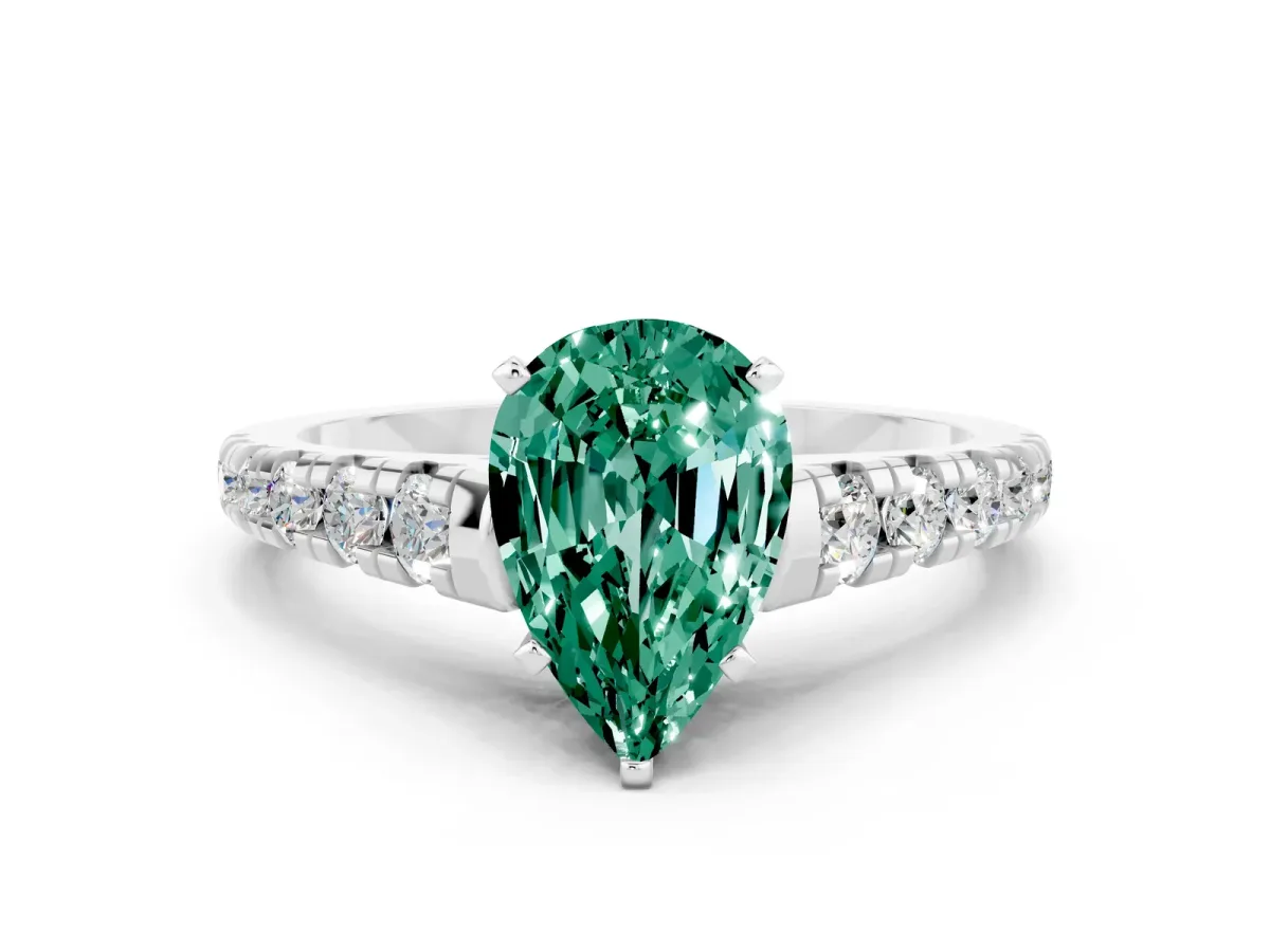 Pear Cut Green Sapphire Cathedral Solitaire Ring with Round Pavé Band Silver