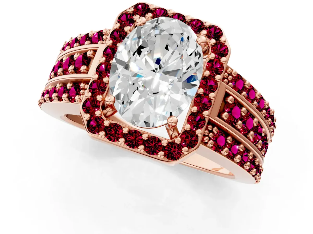 Oval Cut Halo Diamond Ring with Round Garnet Split Shank and Prong Setting Rose gold