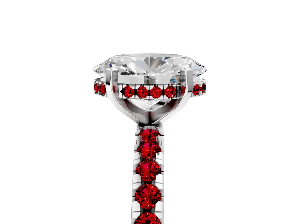Oval Cut Diamond Solitaire Ring with Round Ruby Pavé Band and Four-Prong Setting White gold