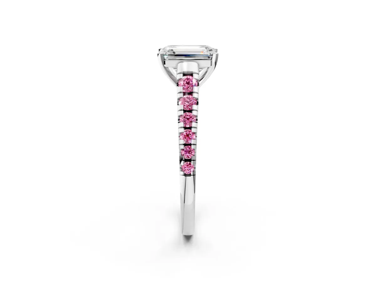 Emerald Cut Diamond Cathedral Solitaire Ring with Round Pink Sapphire Pavé Band Silver
