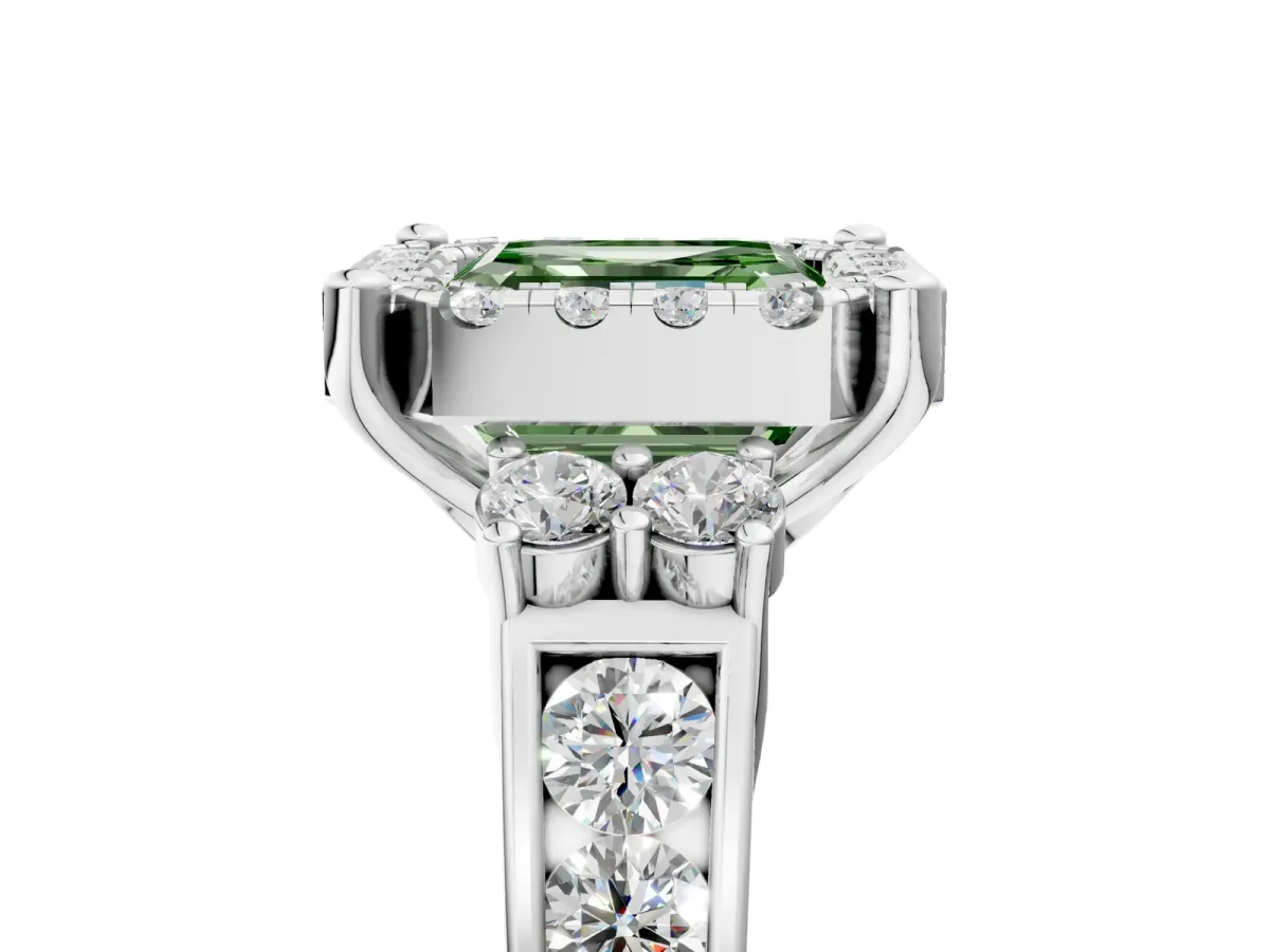 Fancy Green Asscher Cut Halo Diamond Engagement Ring with Split Shank and Four-Prong Setting Platinum