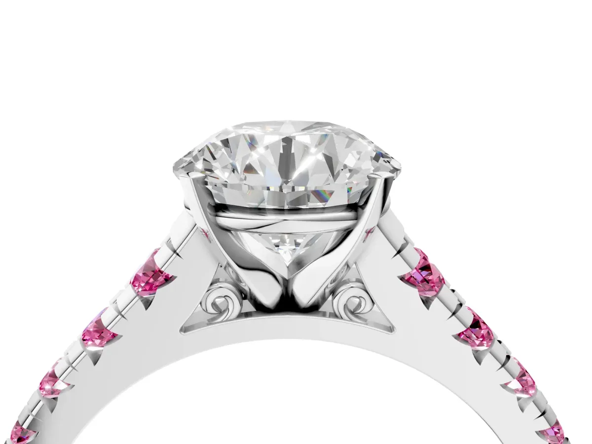 Round Cut Diamond Cathedral Solitaire Ring with Round Pink Sapphire Pavé Band Silver