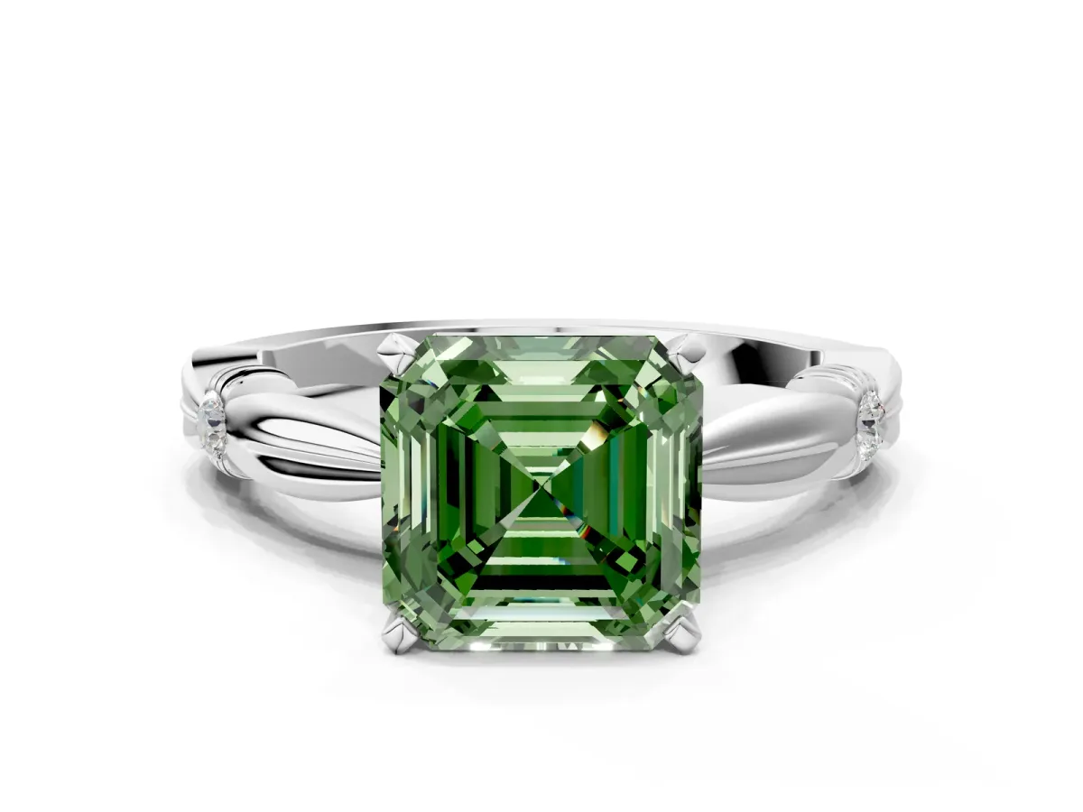 Fancy Green Asscher Cut Solitaire Diamond Twisted Band with Four-Prong Setting Platinum