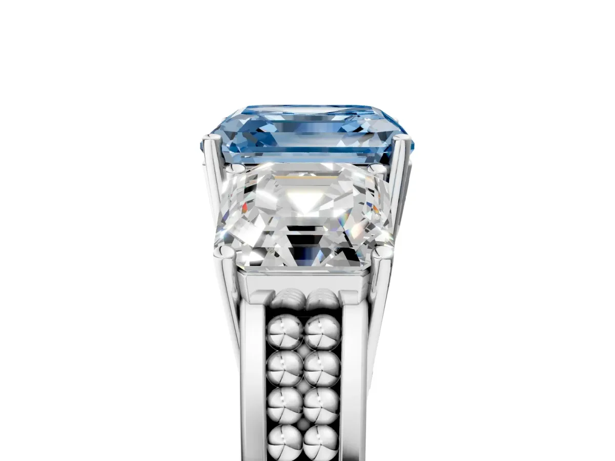 Fancy Blue Asscher Cut Diamond Three-Stone Ring with Prong Setting and Textured Band Platinum