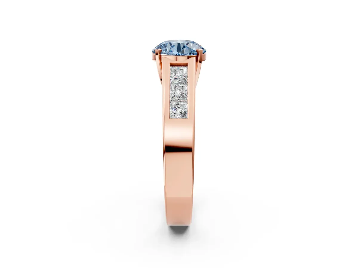 Fancy Blue Round Cut Cut Channel Set Solitaire Ring with Four-Prong Setting Rose gold