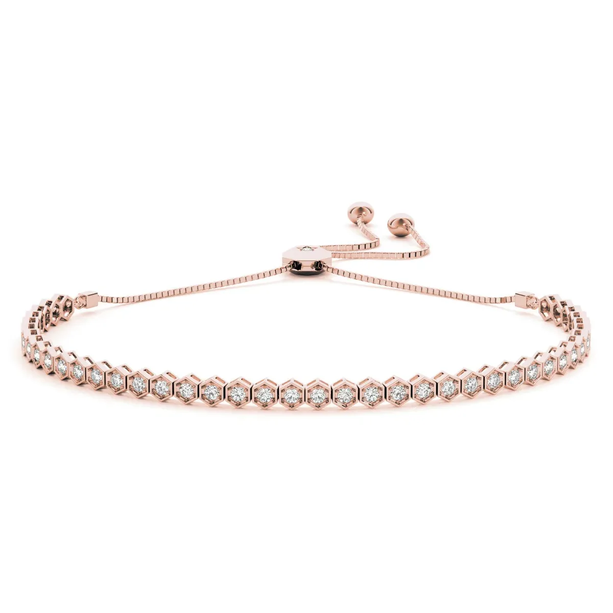 Hexagon Diamond Box Chain Slider Bracelet with Bezel Setting Rose gold