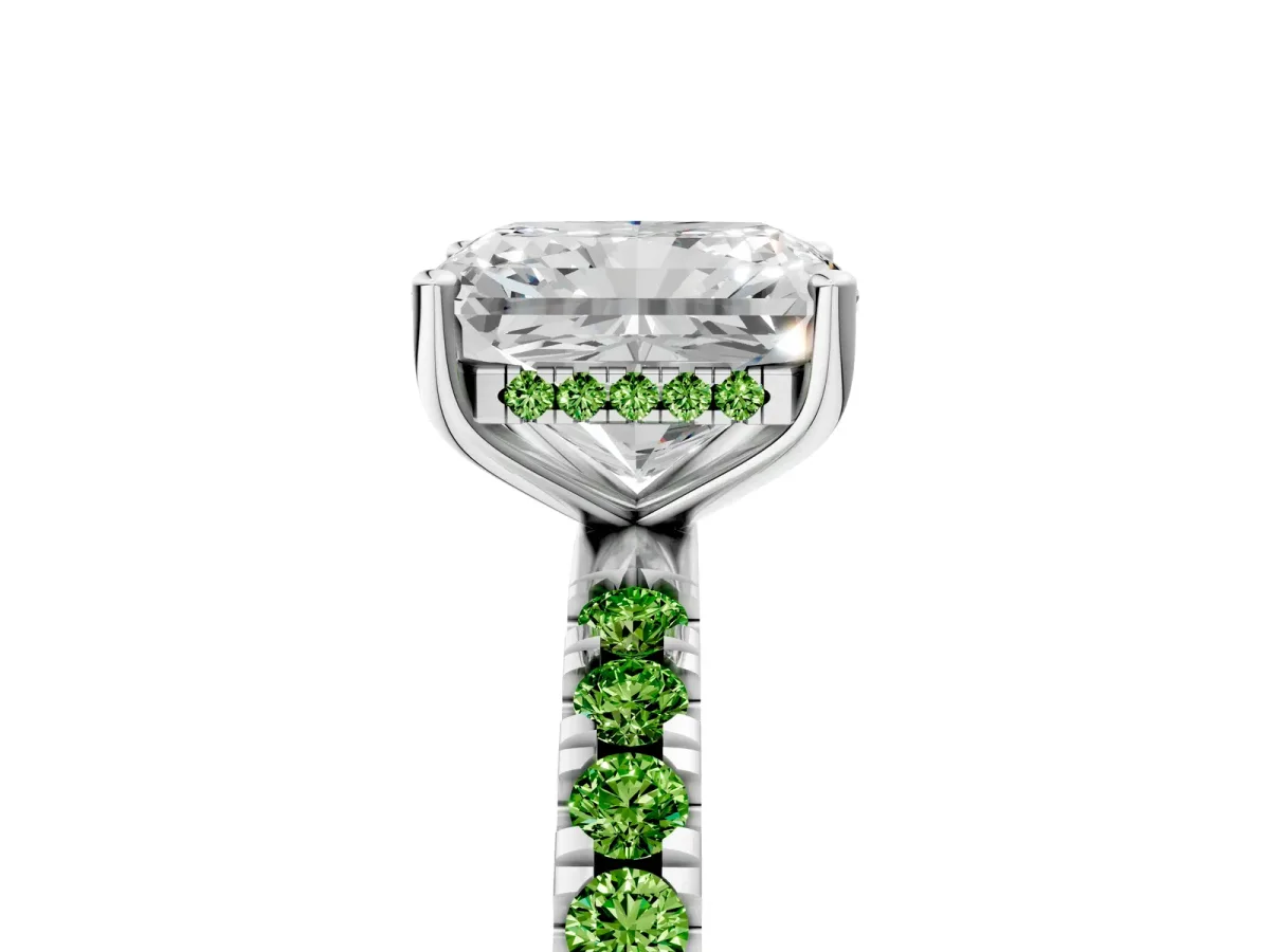 Radiant Cut Diamond Pave Band Solitaire Ring with Round Peridot and Prong Setting Platinum