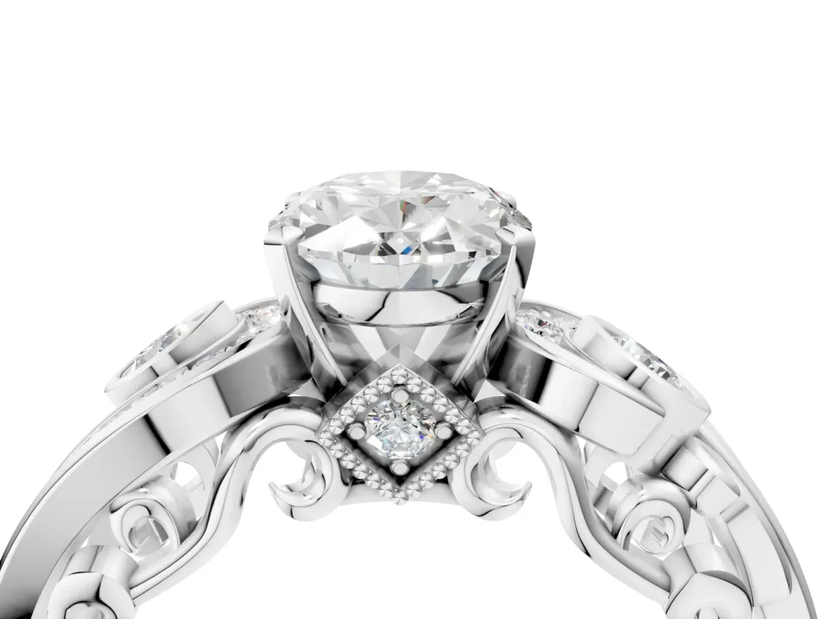 Oval Cut Diamond Solitaire Ring with Milgrain Pavé Band and Four-Prong Setting Silver
