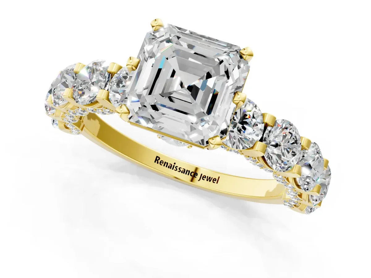 Asscher Cut Diamond Side Stone Engagement Ring with Four-Prong Setting Yellow gold