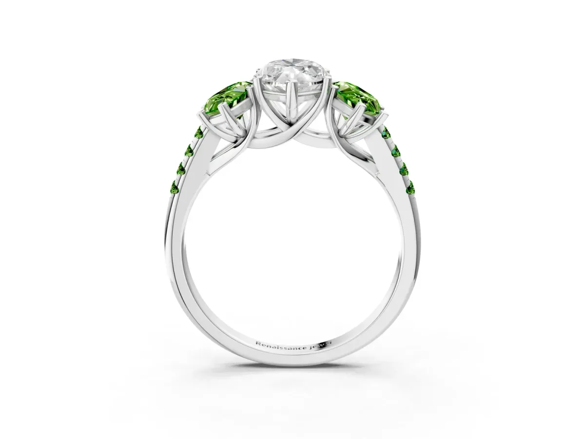 Three-Stone Marquise Cut Diamond Ring with Round Peridot Pavé Band and Prong Setting Platinum