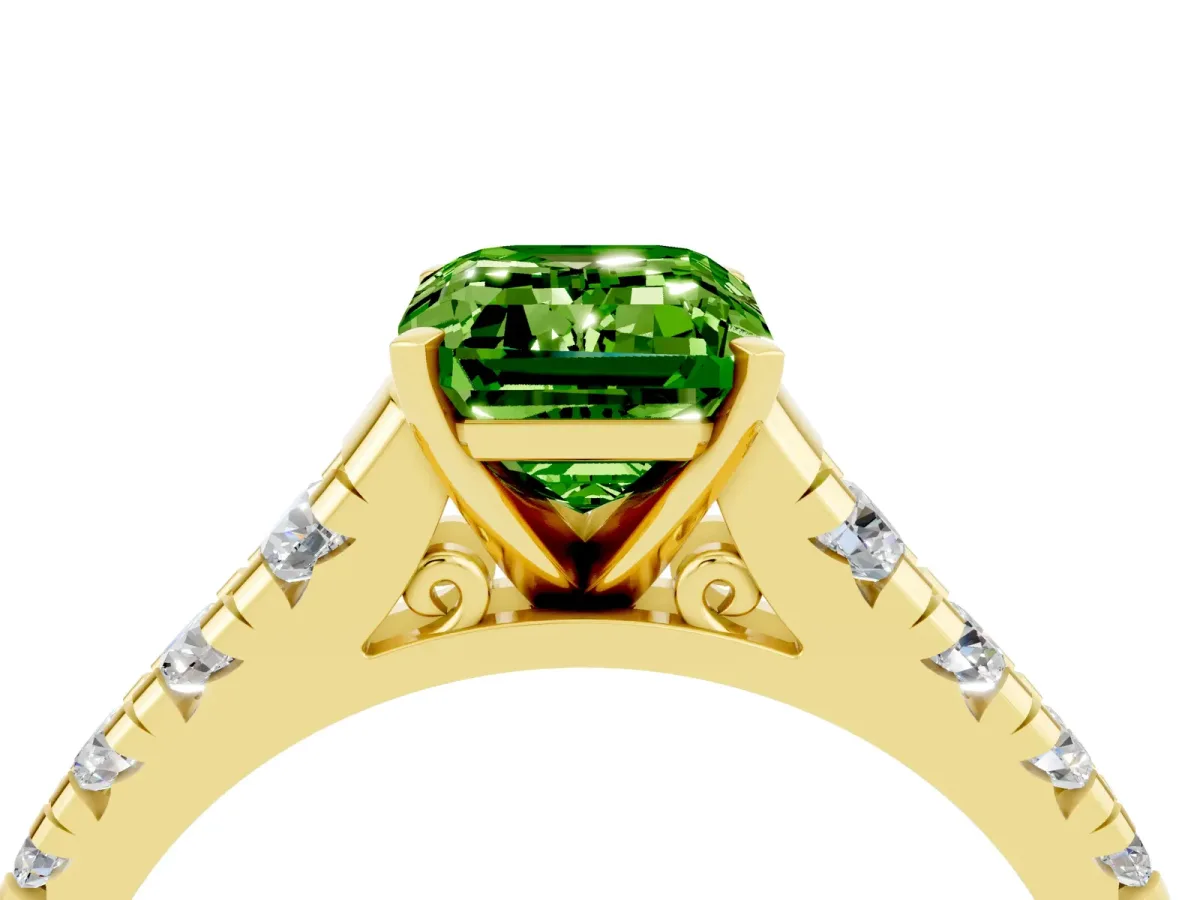 Emerald Cut Peridot Cathedral Solitaire Ring with Round Pavé Band Yellow gold