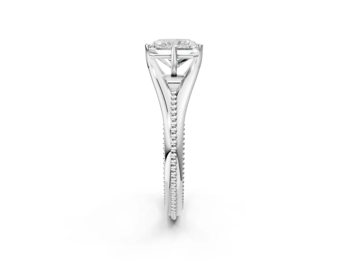Radiant Cut Solitaire Beaded Band Six-Prong Setting Platinum