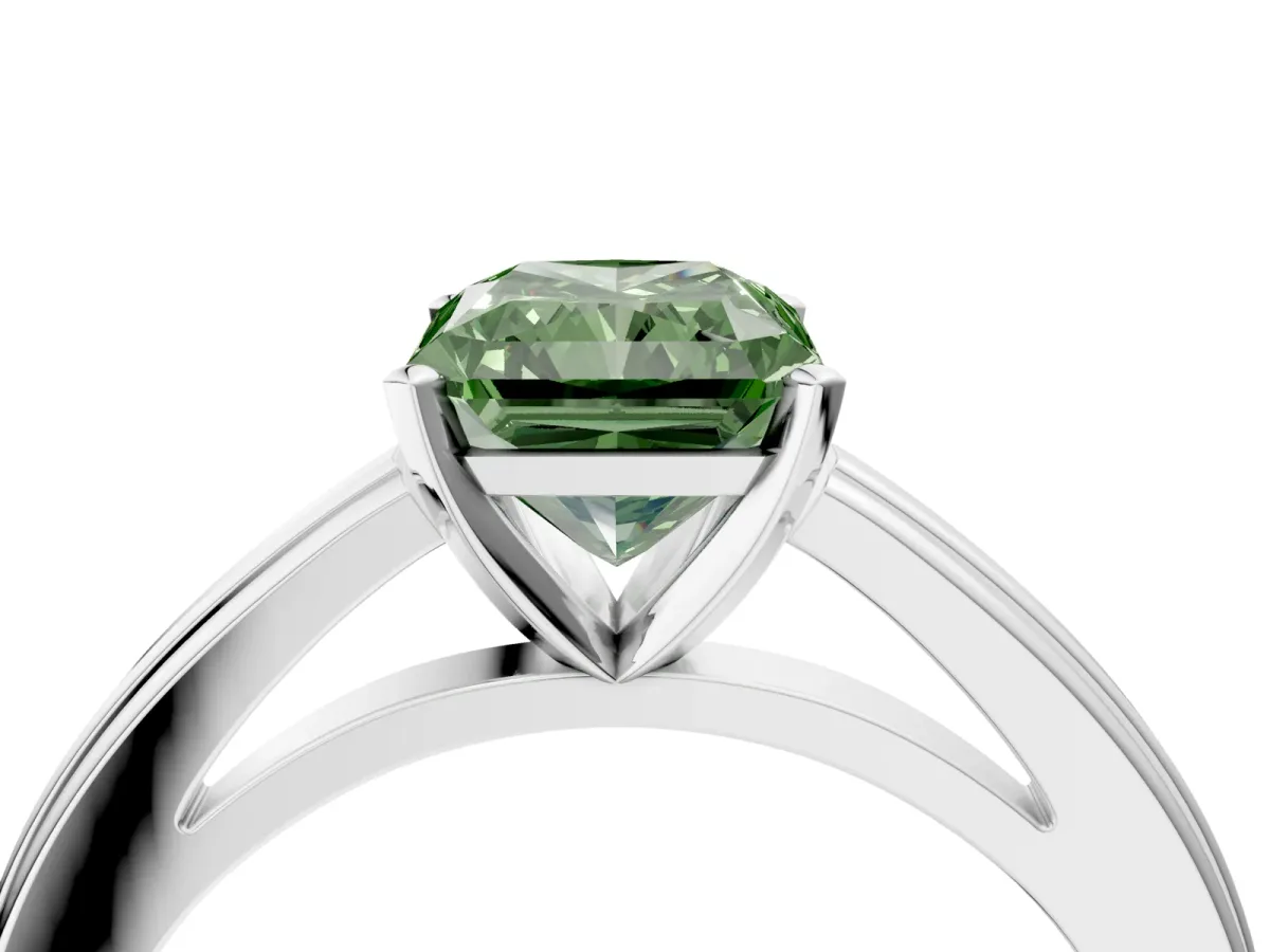 Fancy Green Radiant Cut Solitaire Diamond Ring with Four-Prong Setting and Classic Band Platinum