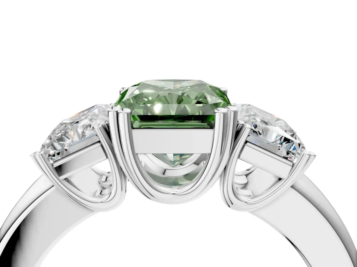 Fancy Green Three-Stone Radiant Cut Cut Diamond Ring with Channel Set Band and Four-Prong Setting Silver