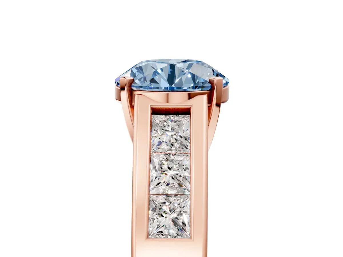 Fancy Blue Round Cut Cut Channel Set Solitaire Ring with Four-Prong Setting Rose gold