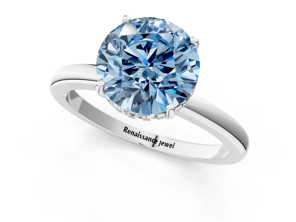 Fancy Blue Round Cut Solitaire Diamond Ring with Prong Setting and Plain Band Platinum