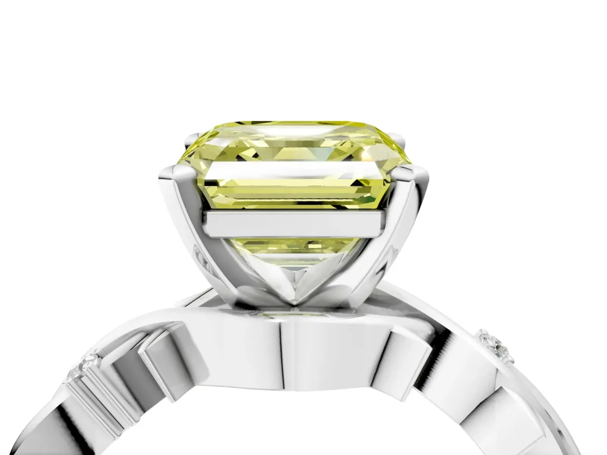Fancy Yellow Asscher Cut Diamond Solitaire Ring with Twisted Band and Prong Setting Platinum