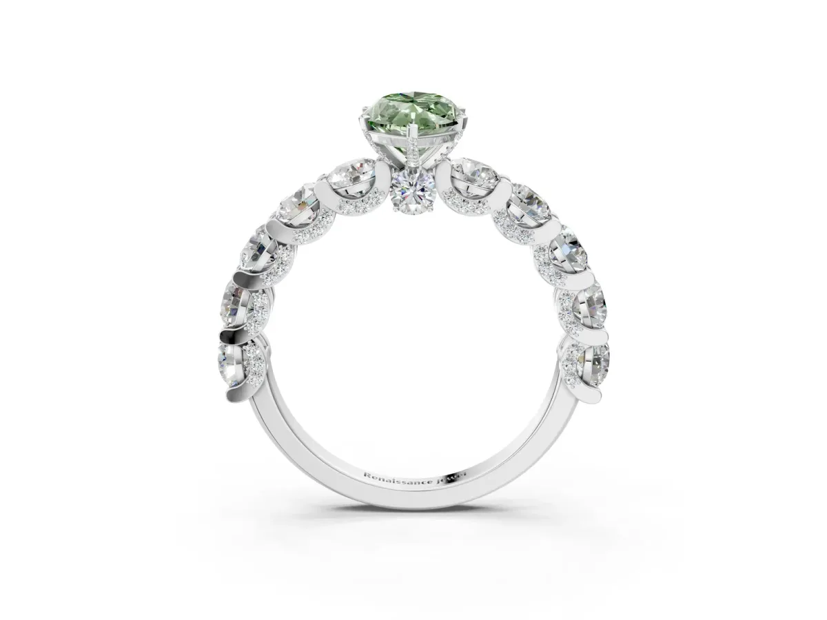 Fancy Green Marquise Cut Diamond Side Stone Engagement Ring with Four-Prong Setting White gold
