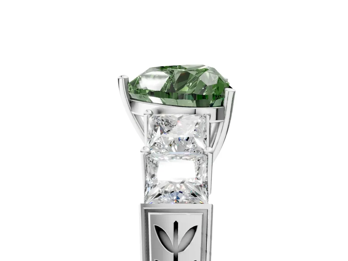 Fancy Green Heart Cut Solitaire Princess Side Stone Engraved Band Prong Setting Ring Platinum