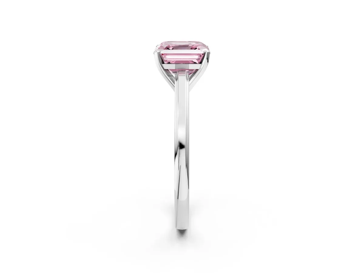 Fancy Pink Asscher Cut Solitaire Diamond Ring with Four-Prong Setting and Classic Band Platinum
