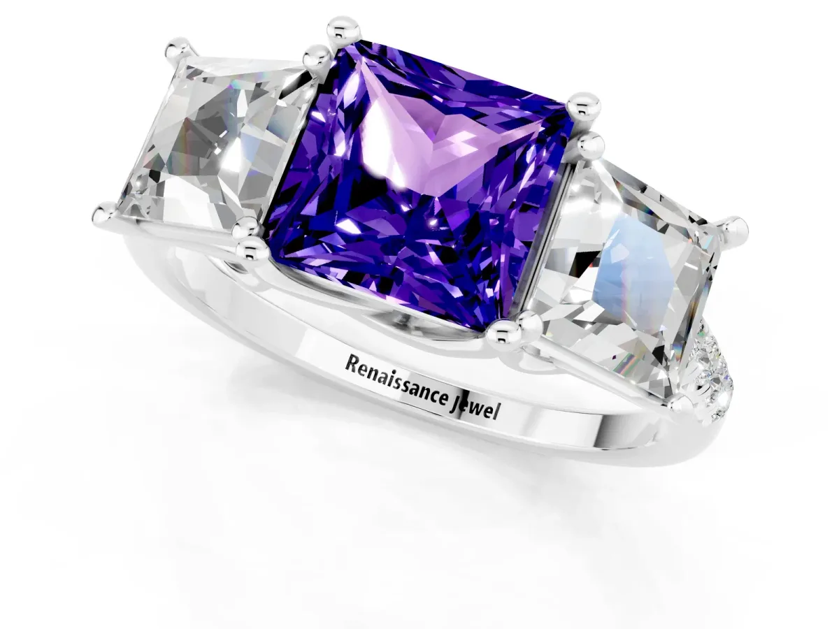 Three-Stone Princess Cut Tanzanite Ring with Round Pavé Band and Prong Setting Silver