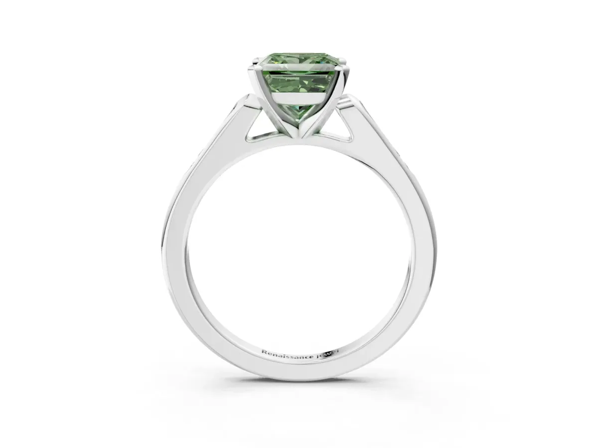 Fancy Green Princess Cut Diamond Solitaire Ring with Channel Set Round Band and Prong Setting Silver
