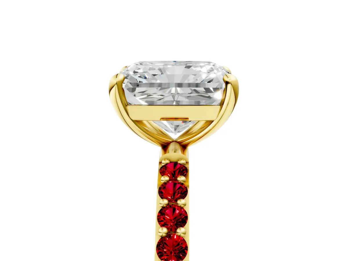 Radiant Cut Diamond Solitaire Ring with Round Ruby Pavé Band and Prong Setting Yellow gold