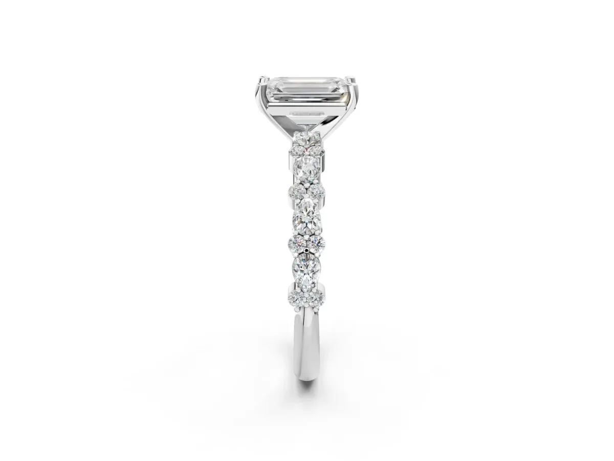 Emerald Cut Diamond Side Stone Solitaire Ring with Round Moissanite and Four-Prong Setting Platinum