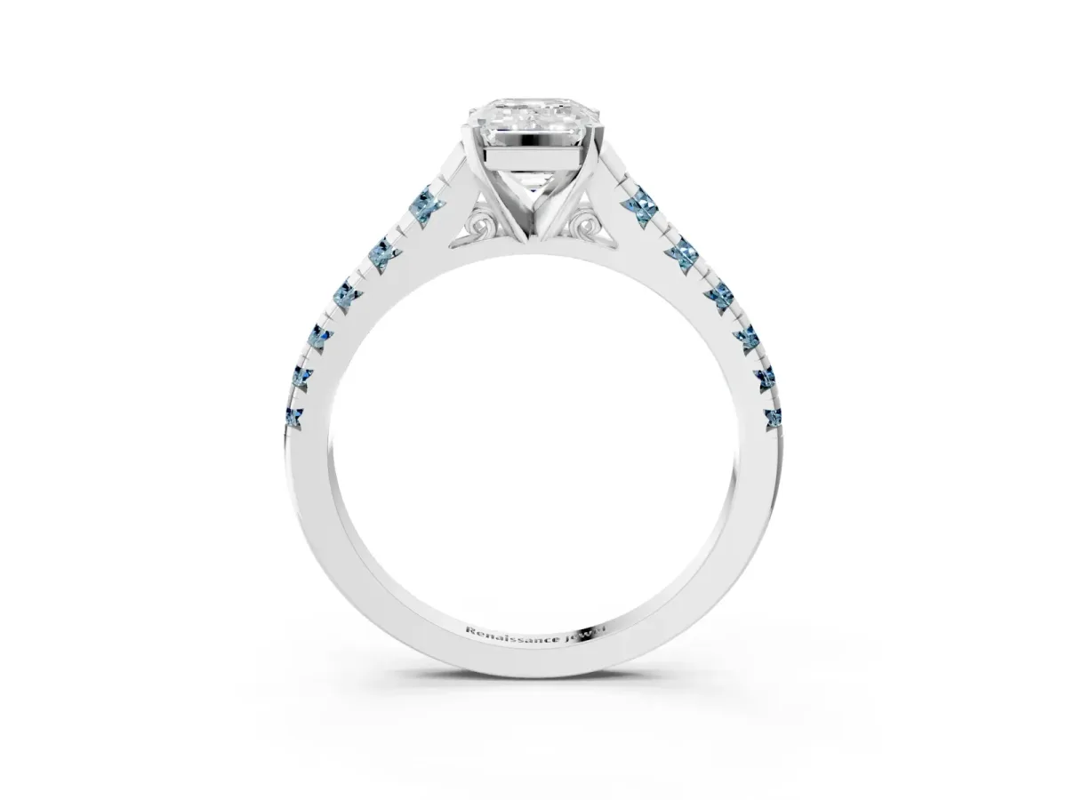 Emerald Cut Diamond Cathedral Solitaire Ring with Round Aquamarine Pavé Band Silver