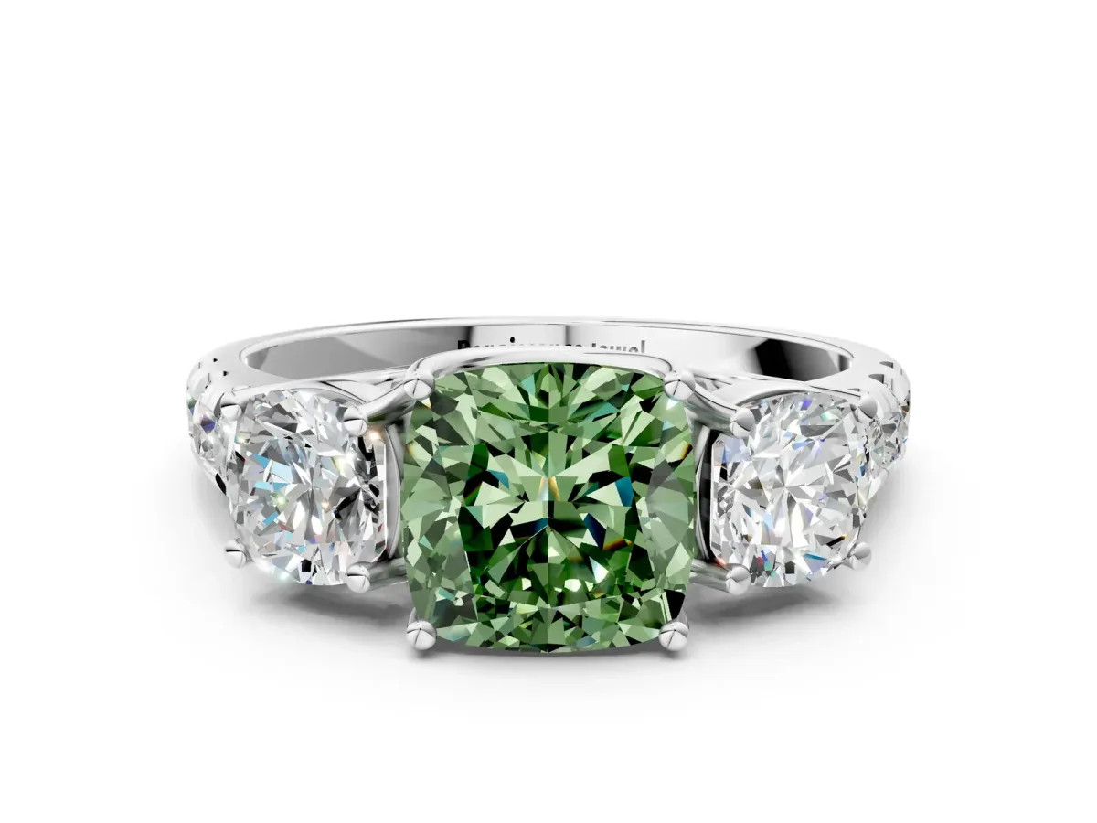Fancy Green Three-Stone Cushion Cut Diamond Pavé Band with Prong Setting Platinum