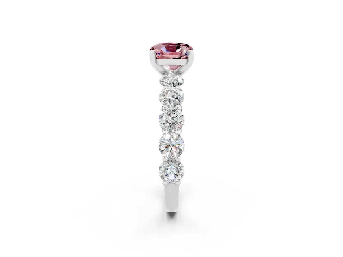 Cushion Cut Morganite Prong Setting with Side Stones on a Pave Band Silver
