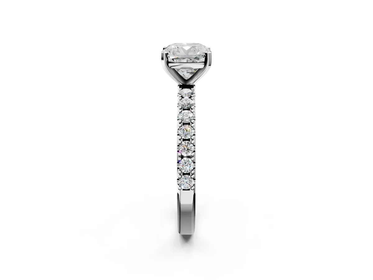 Cushion Cut Diamond Solitaire Pavé Band with Four-Prong Setting White gold