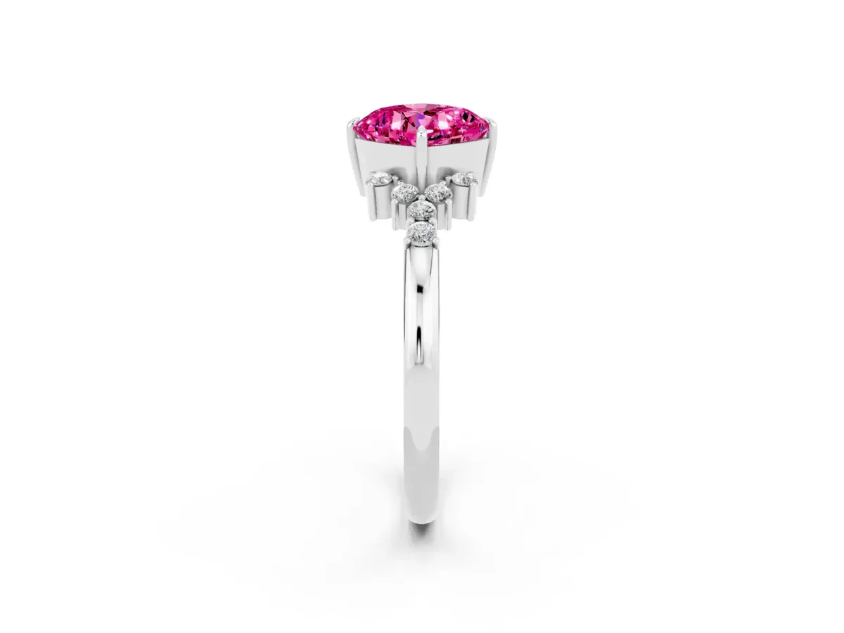 Cushion Cut Pink Sapphire Ring with Side Stones and Four-Prong Setting Silver