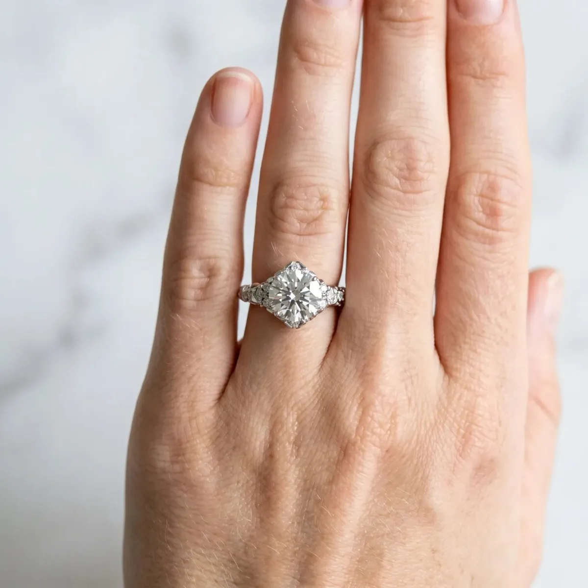Round Cut Diamond Solitaire Ring with Hidden Halo and Pavé Band Silver
