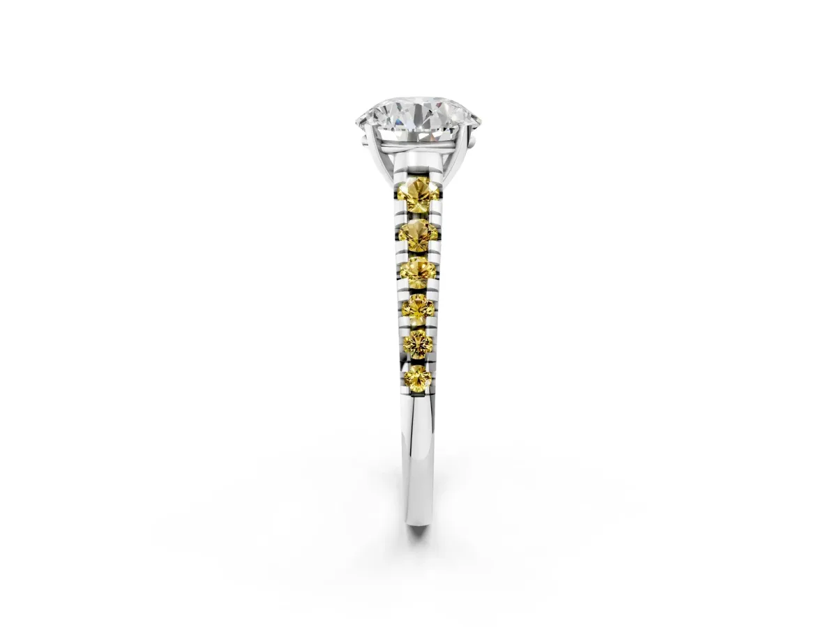 Round Cut Diamond Cathedral Solitaire Ring with Round Yellow Sapphire Pavé Band Silver