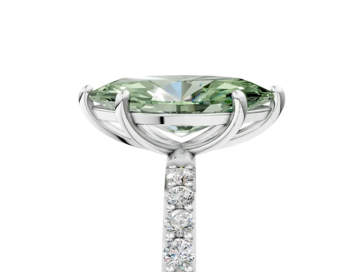 Fancy Green Marquise Cut Diamond Solitaire Ring with Round Pavé Band and Prong Setting Silver