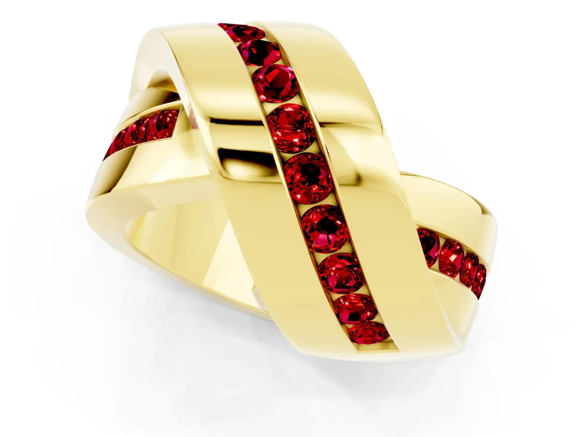 Pavé Round Ruby Crossover Band with Channel Setting Yellow gold