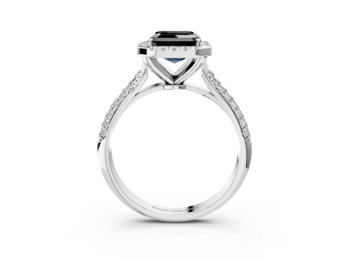 Fancy Black Asscher Cut Halo Diamond Ring with Pavé Band Platinum