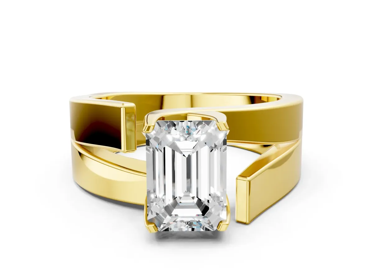 Modern Tension Set Emerald Cut Diamond Solitaire Wide Band Ring Yellow gold