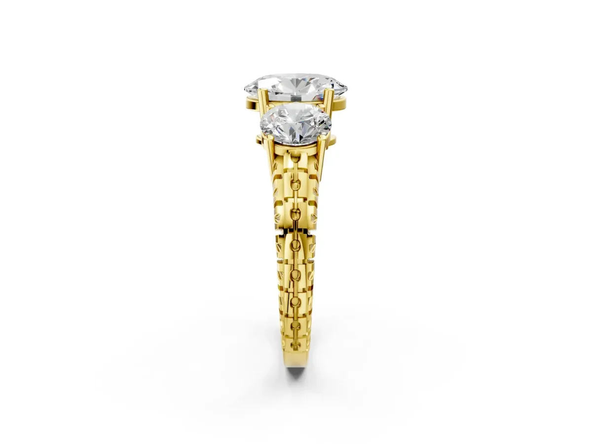 Three-Stone Oval Cut Cut Diamond Ring with Channel-Set Band and Prong Setting Yellow gold