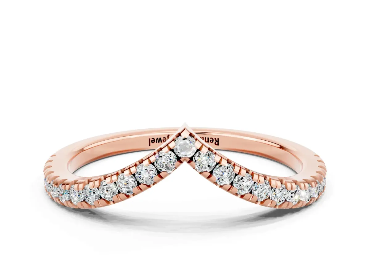 Pavé Round Moissanite V-Shaped Chevron Band with Shared Prong Setting Rose gold