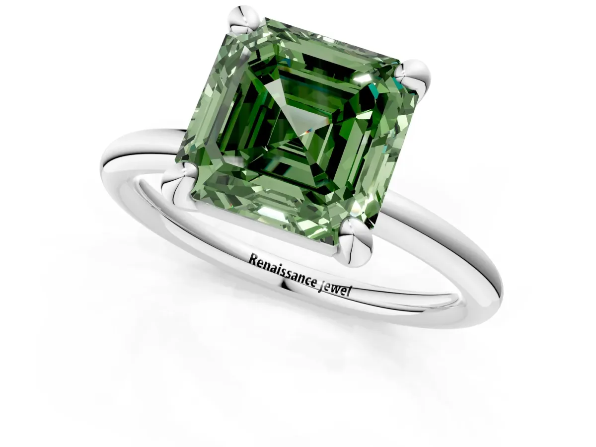 Fancy Green Asscher Cut Solitaire Diamond Ring with Four-Prong Setting on a Plain Band Platinum