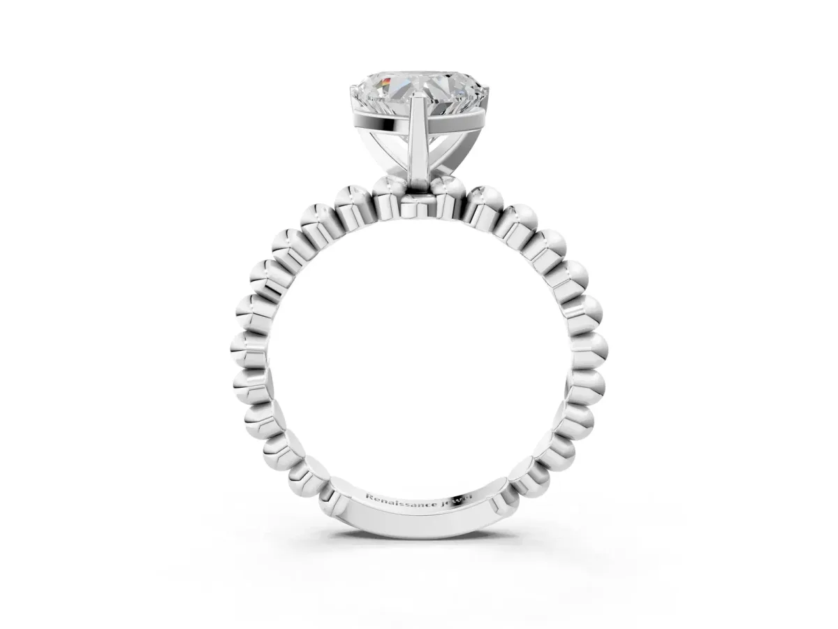 Heart Cut Diamond Solitaire Ring with Beaded Band and Prong Setting White gold