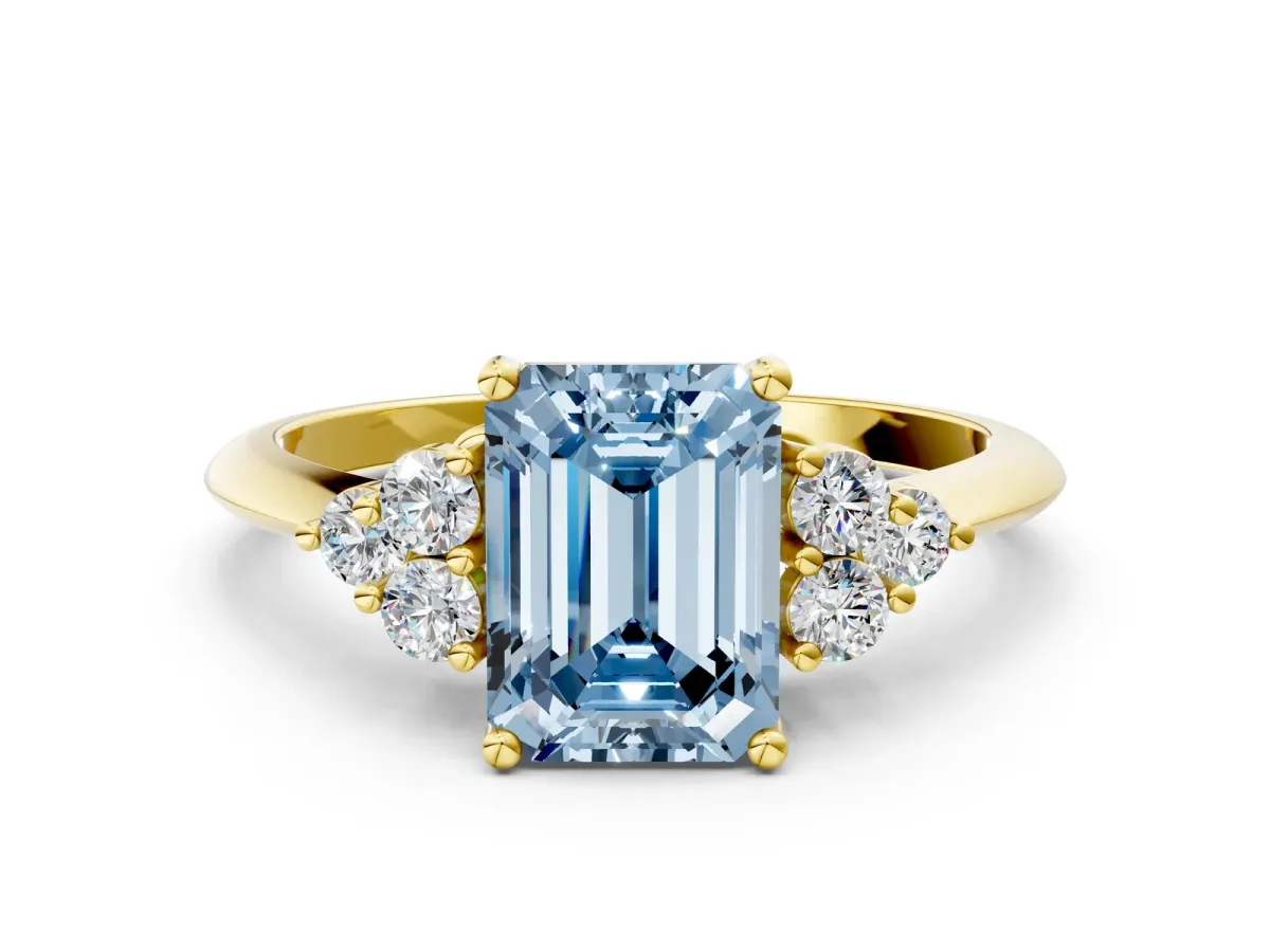 Fancy Blue Emerald Cut Cut Diamond Cluster Ring with Solitaire Band and Four-Prong Setting Yellow gold