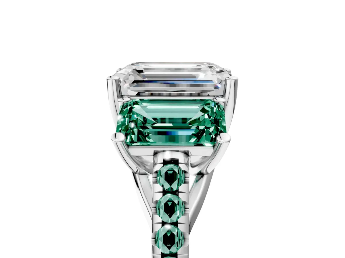 Three-Stone Emerald Cut Diamond Ring with Round Green Sapphire Pavé Band and Prong Setting Silver