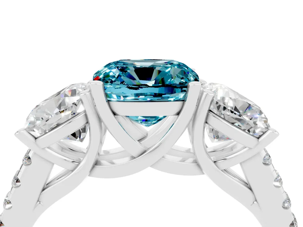 Three-Stone Cushion Cut Blue Topaz Ring with Round Pavé Band and Prong Setting Silver