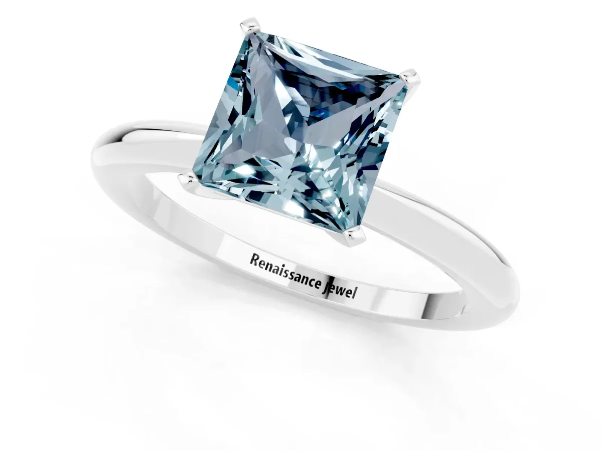 Princess Cut Aquamarine Solitaire Ring with Six-Prong Setting and Classic Band Silver