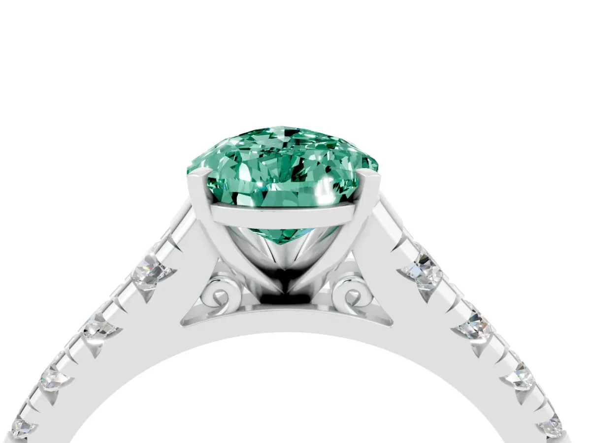 Pear Cut Green Sapphire Cathedral Solitaire Ring with Round Pavé Band Silver
