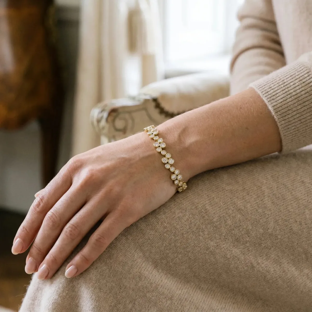 Bezel Set Round Diamond Cluster Tennis Bracelet Yellow gold